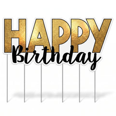 Black and Gold "Happy Birthday" Glitter Yard Sign with Stakes