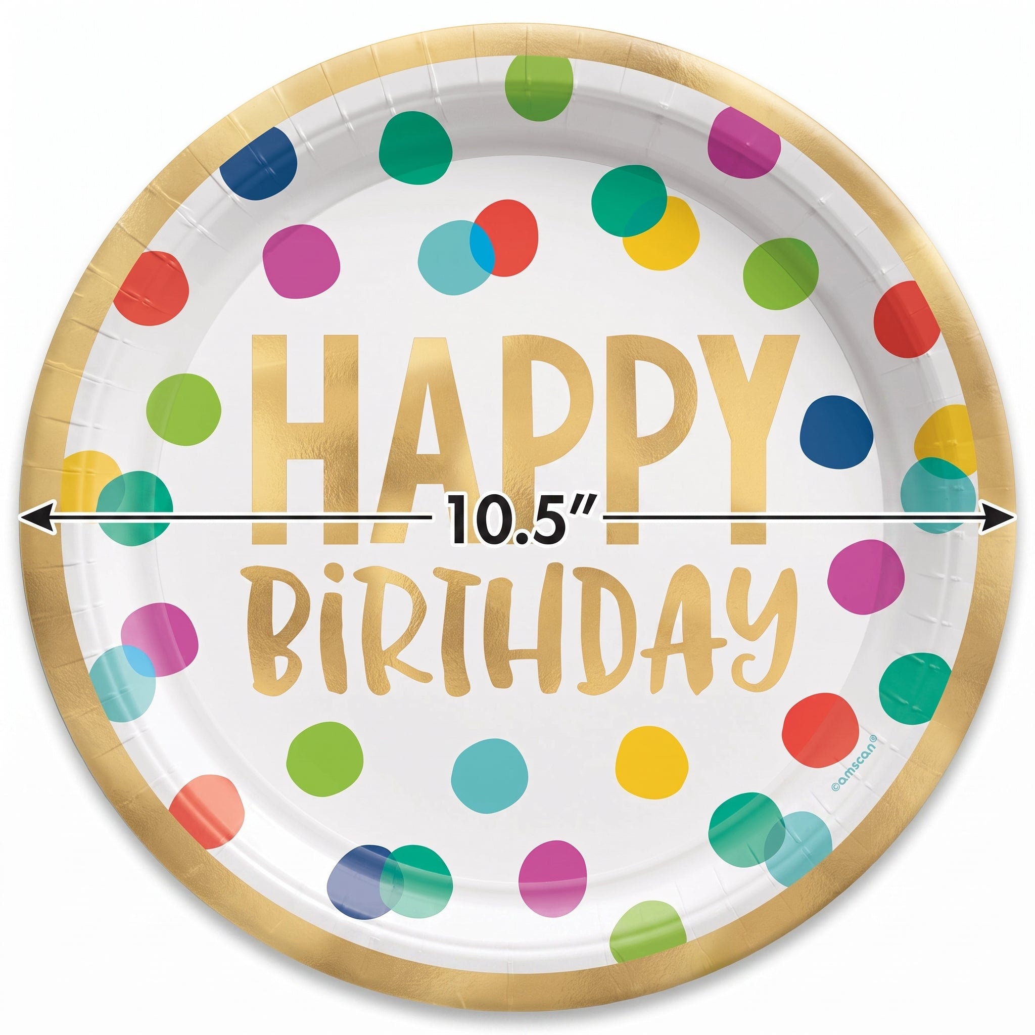 Multicolour Metallic Happy Dots Birthday Dinner Plates, 10.5-Inch, 8-Pack