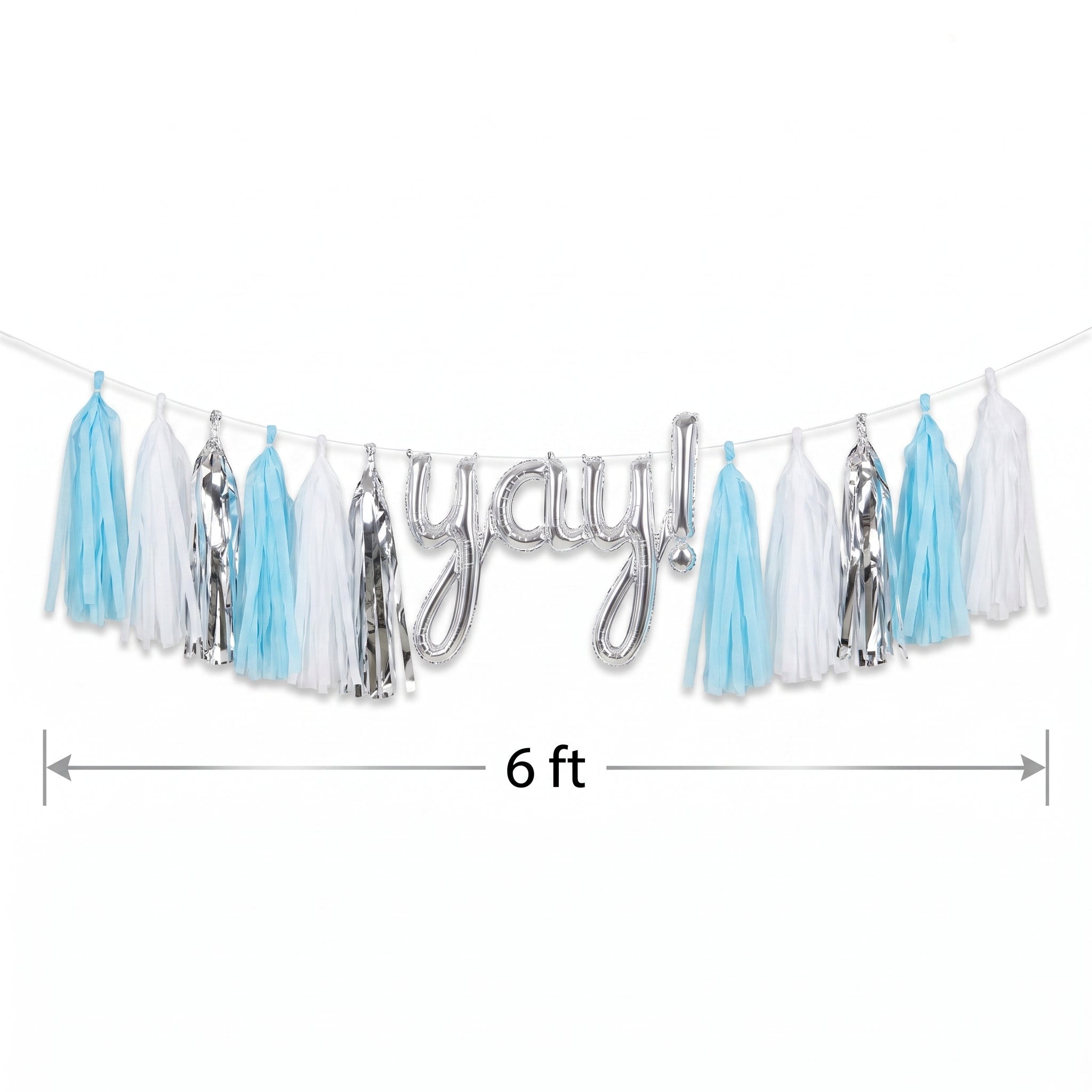 DIY Customizable Tassel Garland Banner in Light Blue, White, and Silver for Celebrations