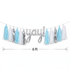 DIY Customizable Tassel Garland Banner in Light Blue, White, and Silver for Celebrations