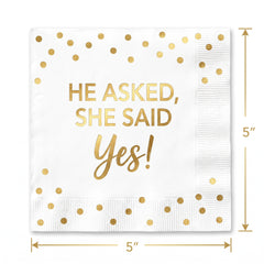 "He Asked, She Said Yes!" Gold Beverage Napkins - 16 Pack - 5 In. X 5 In.