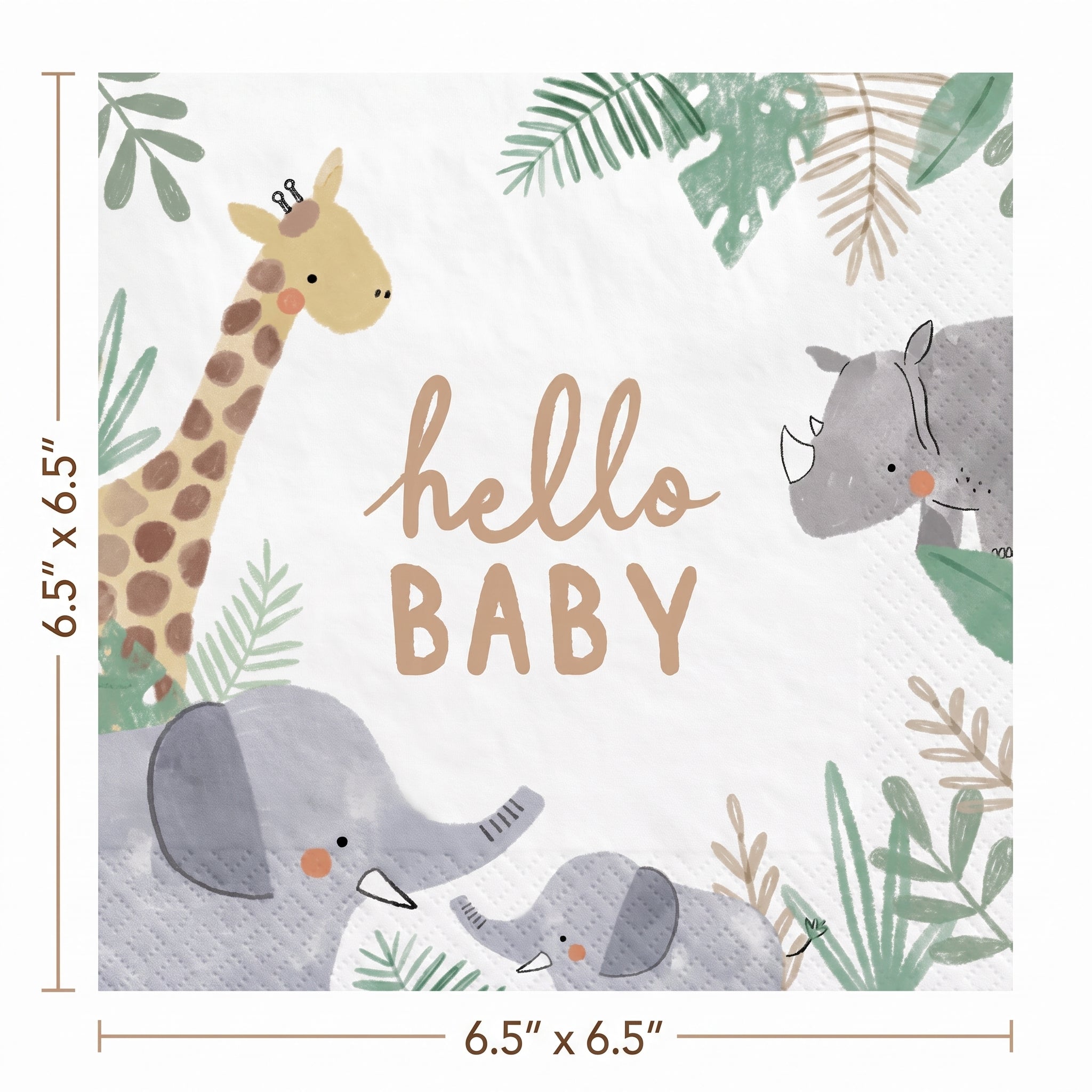 Jungle Baby Shower Lunch Napkins - 6.5 In. x 6.5 In. - "Hello Baby" Design, 16-Pack