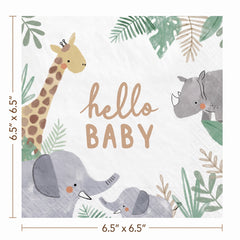 Jungle Baby Shower Lunch Napkins - 6.5 In. x 6.5 In. - "Hello Baby" Design, 16-Pack