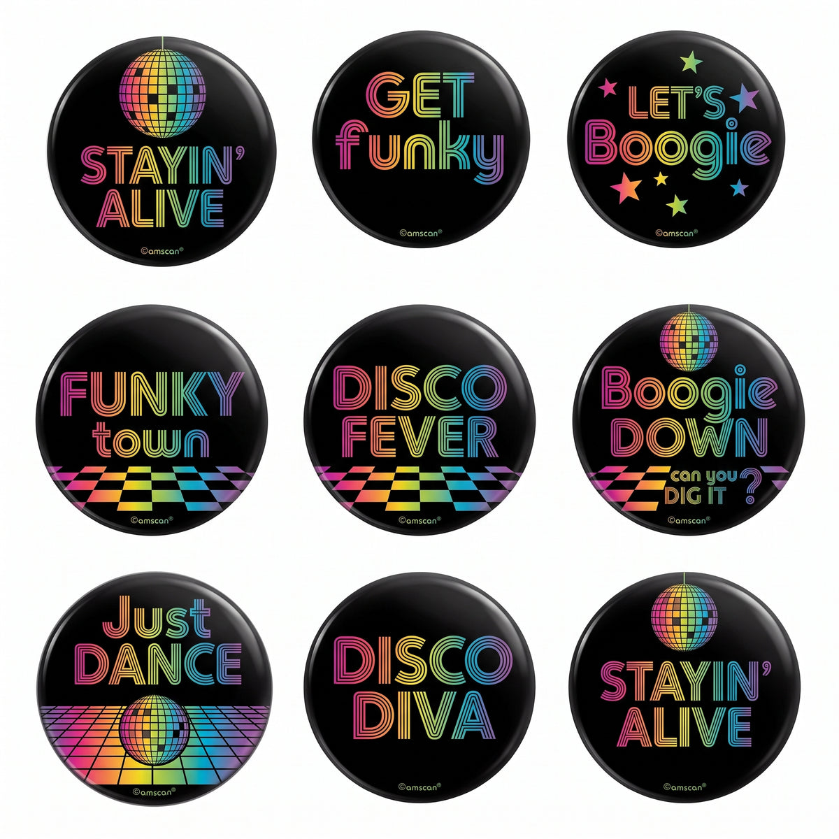 70's Disco Party Buttons - Neon Phrases, 10-Pack