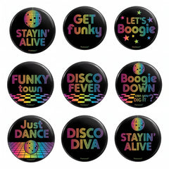 70's Disco Party Buttons - Neon Phrases, 10-Pack