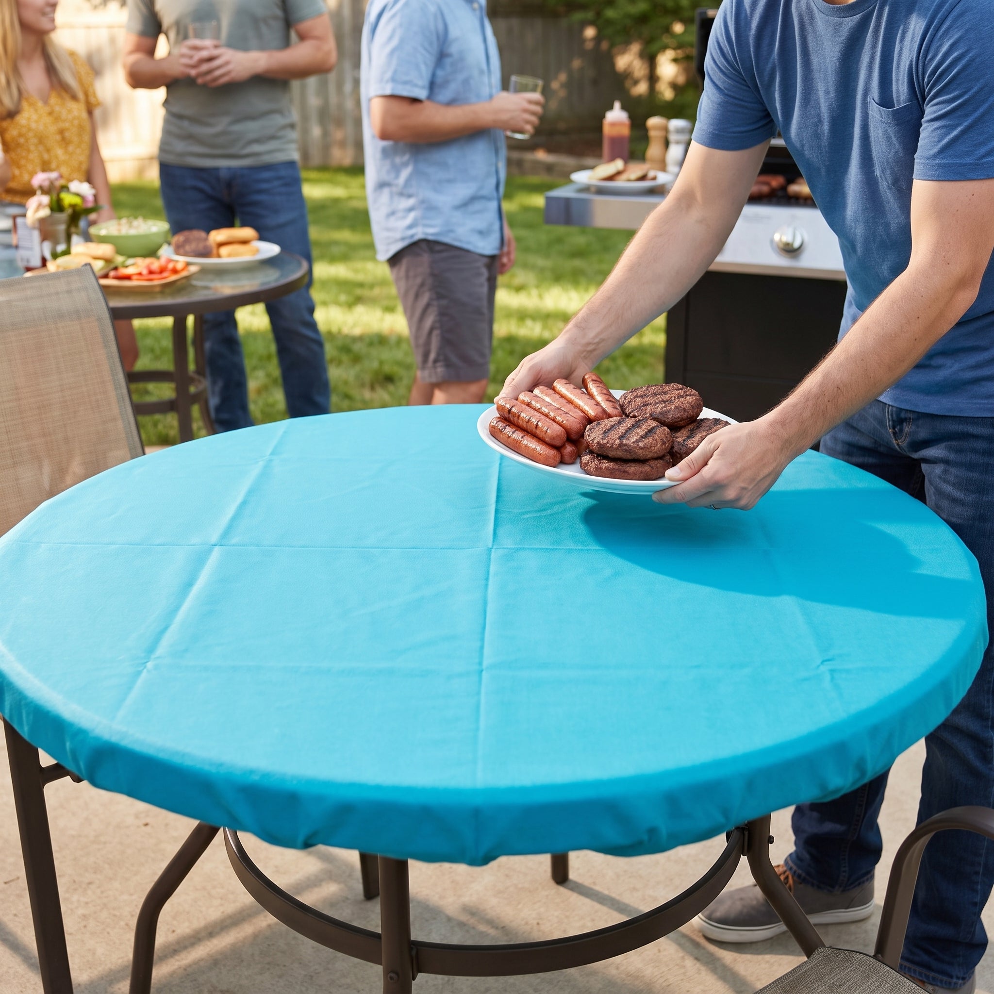Caribbean Blue Flannel Backed Round Table Cover - 84"
