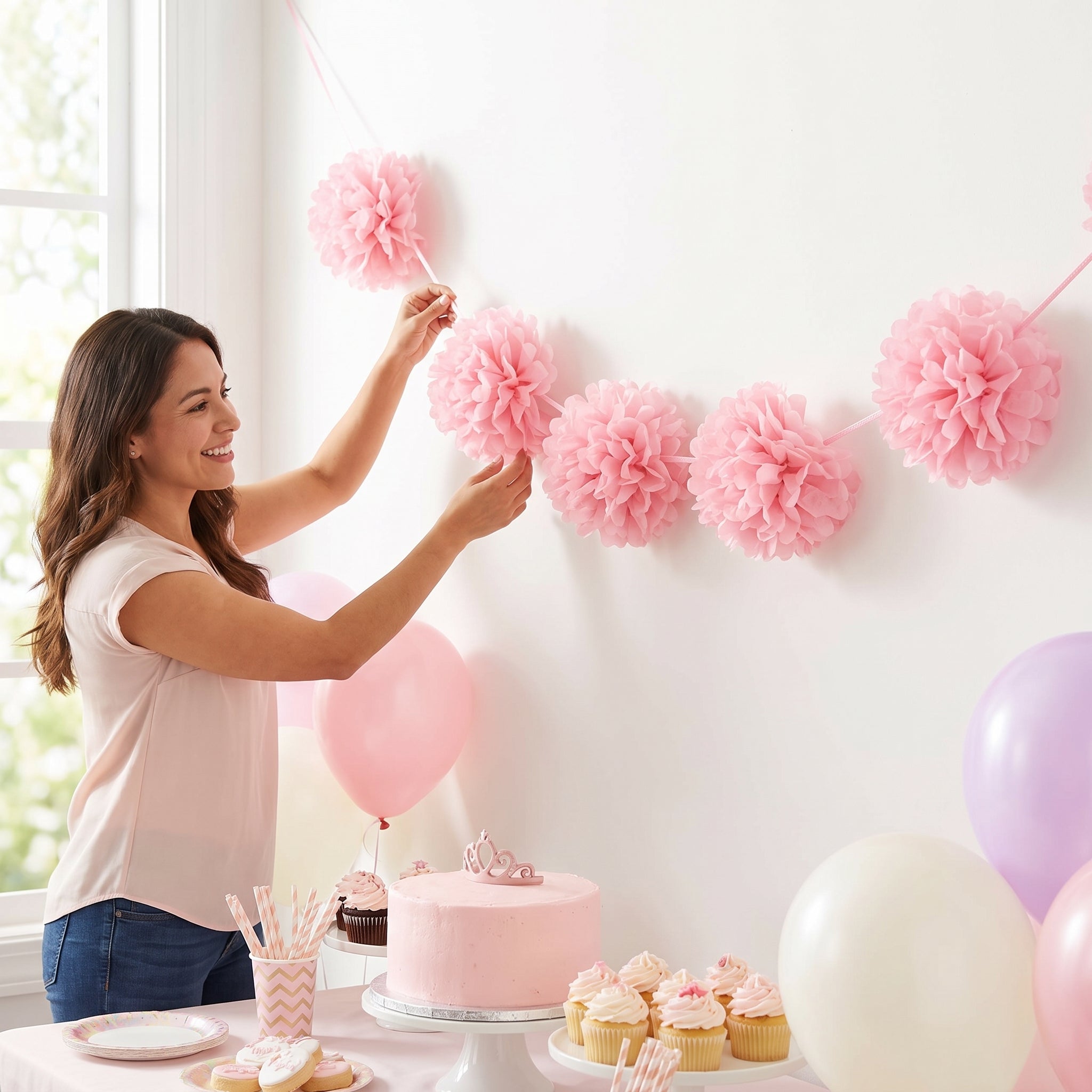 Elegant Pink Fluffy Tissue Garland - 12 ft for Weddings & Showers