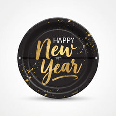 "Cheers For The New Year" 10-Inch Round Paper Plates - Black/Gold, 20-Pack
