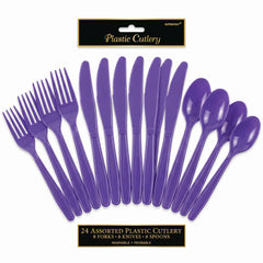 Purple Assorted Plastic Cutlery Set - 24 Pieces - 7.5 in.