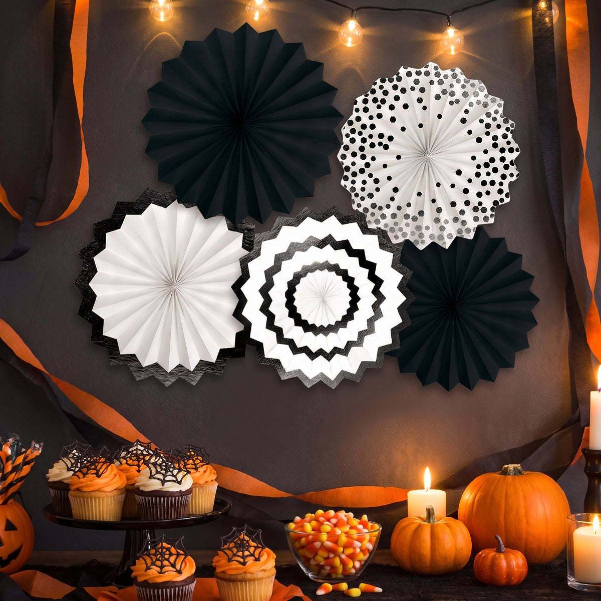 Black Paper Fan Decorations - 5 Inch, 5-Pack