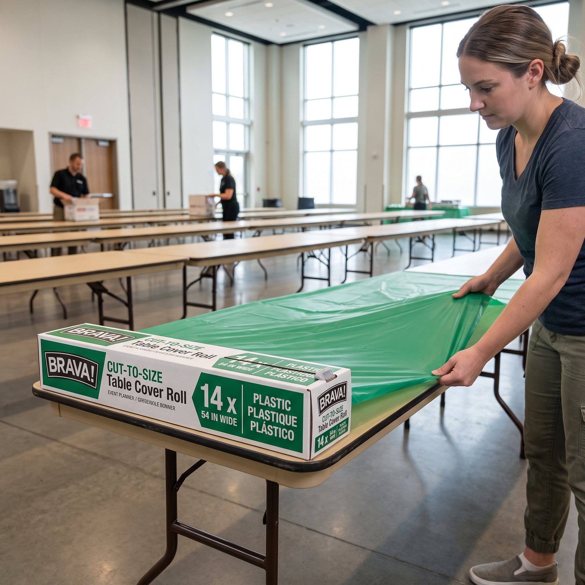 Festive Green Plastic Table Cover Roll with Cutter - 54 x 126 ft
