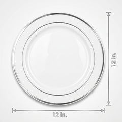 Elegant Silver-Trimmed 12" Premium Plastic Buffet Plates - Pack of 10