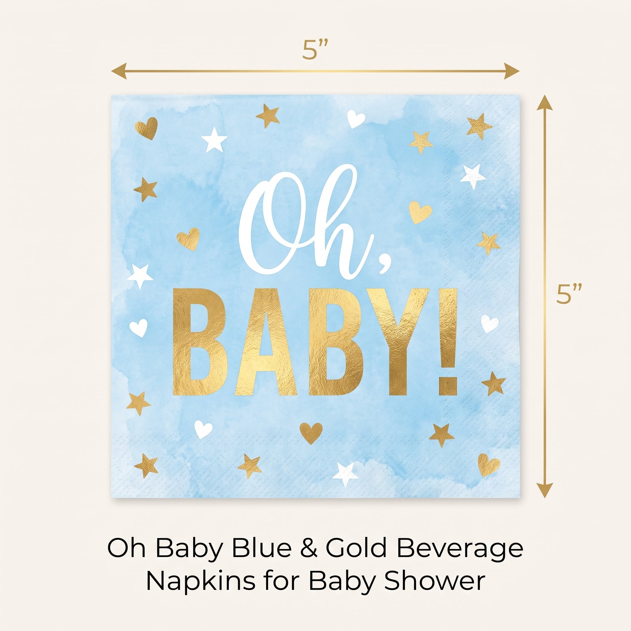 Oh Baby Blue & Gold Beverage Napkins for Baby Shower - 5 In. X 5 In.