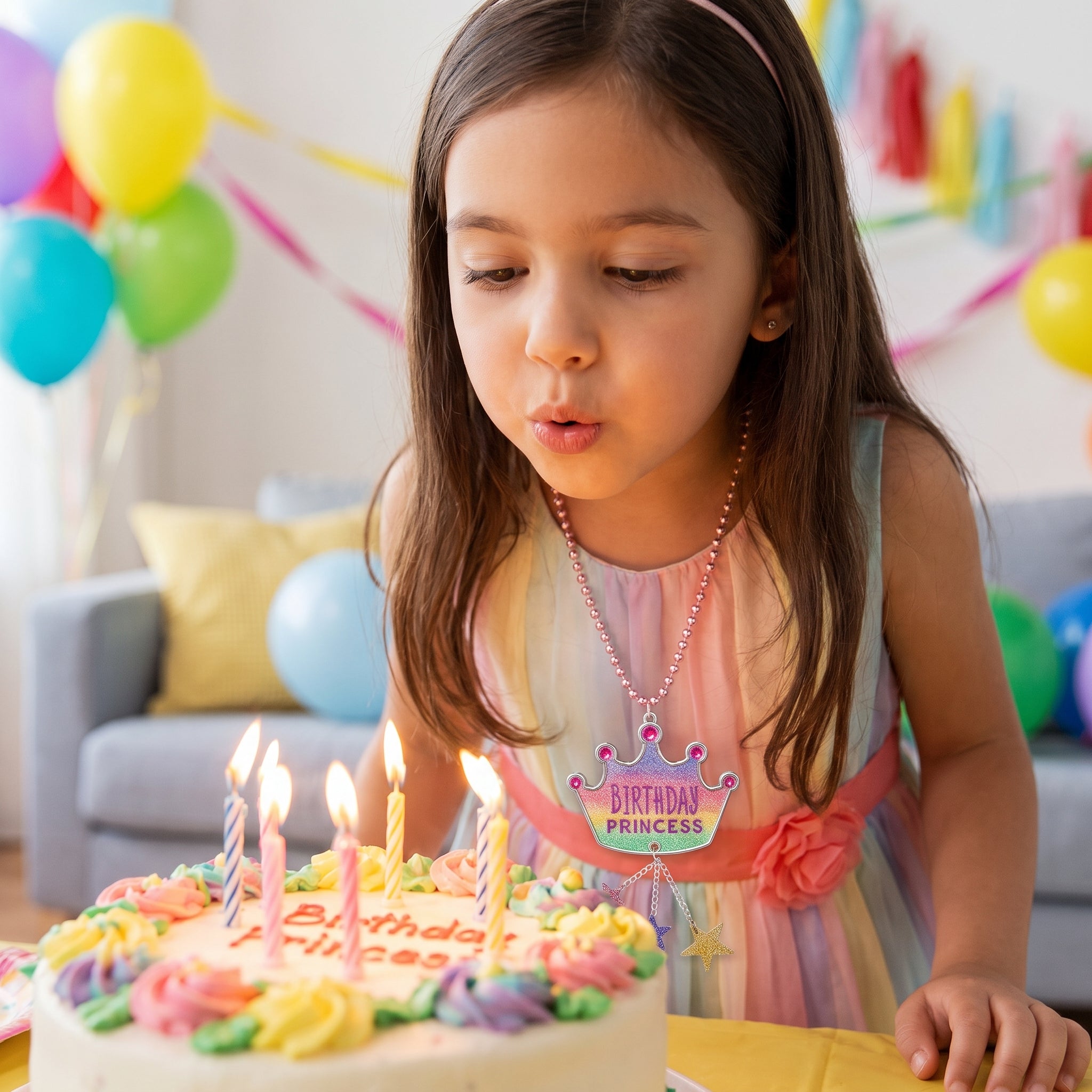 Glitter Pastel "Birthday Princess" Tiara Pendant Bead Necklace