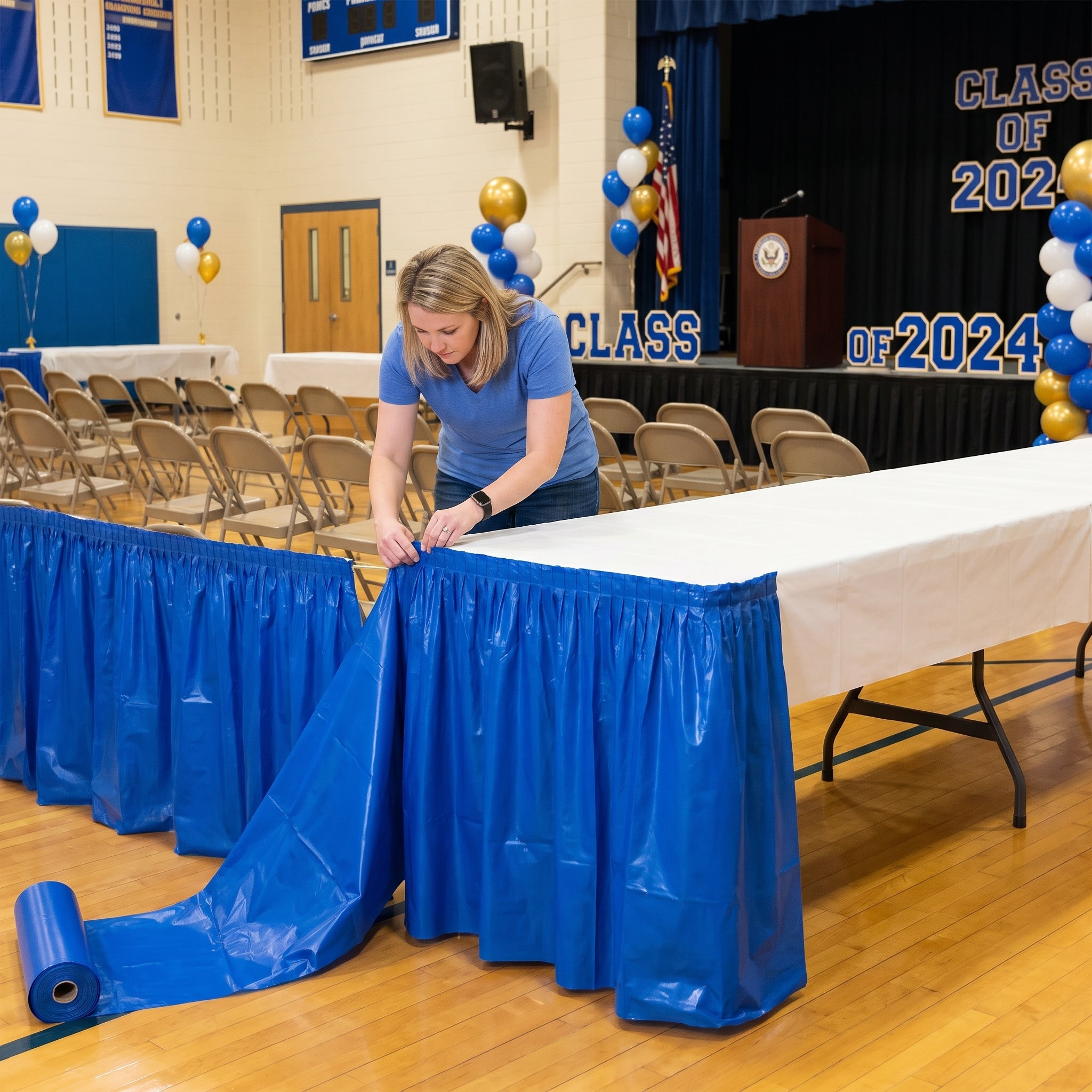Royal Blue Plastic Table Skirt - 54 in x 126 ft