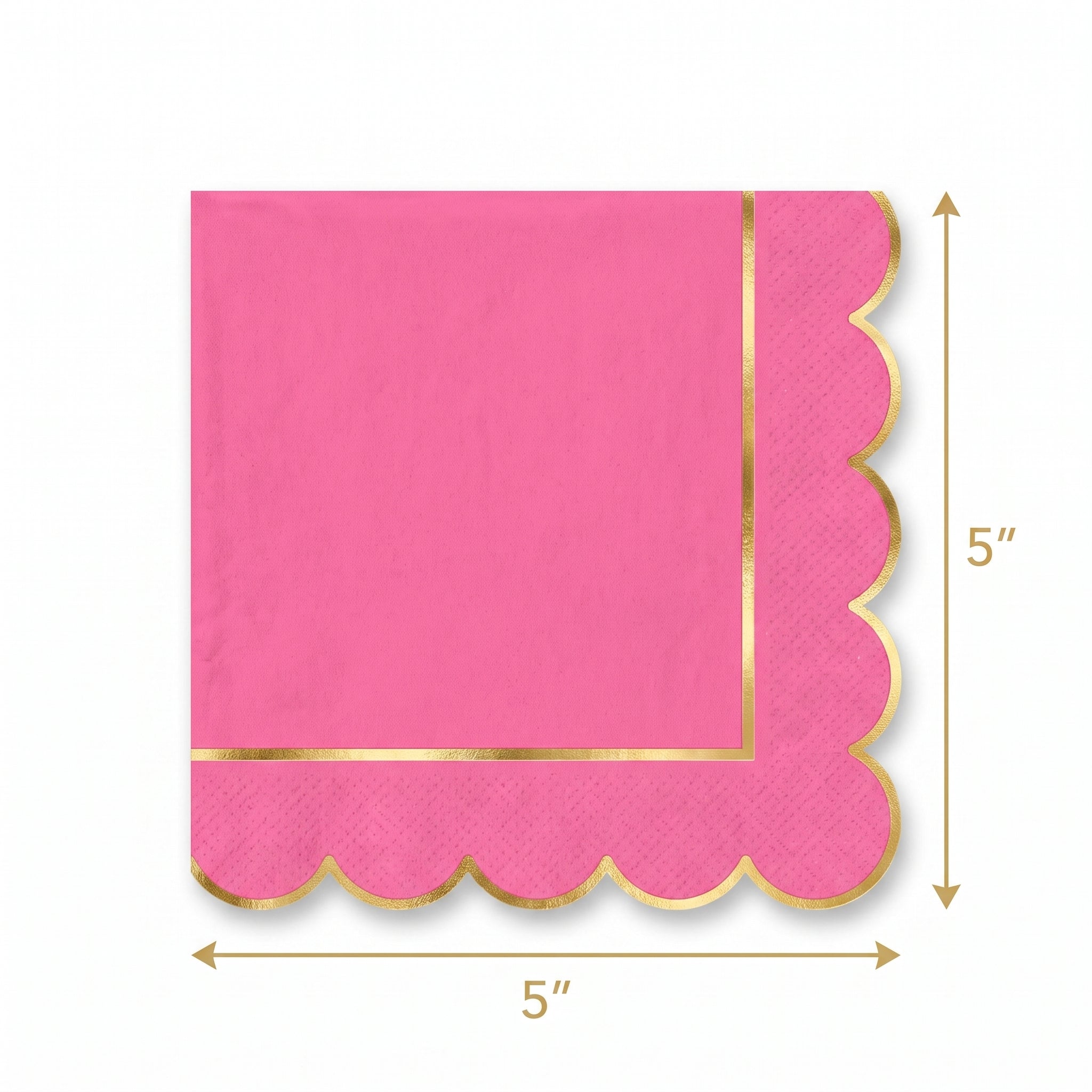Bright Pink Scalloped Edge Beverage Napkins with Gold Hot Stamp - 5 In. X 5 In.