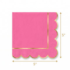 Bright Pink Scalloped Edge Beverage Napkins with Gold Hot Stamp - 5 In. X 5 In.