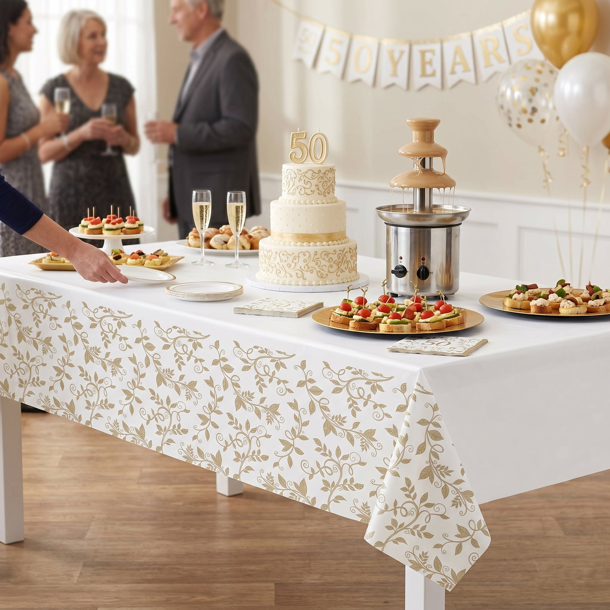 50th Anniversary White and Gold Plastic Table Cover - Elegant Floral Vine Rectangular Party Tablecloth, Wipeable Disposable Tablecloth for Wedding Anniversary Decor, 54 x 102