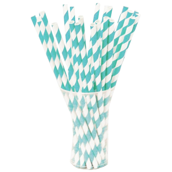 Aqua Blue Striped Paper Straws | 100 Count