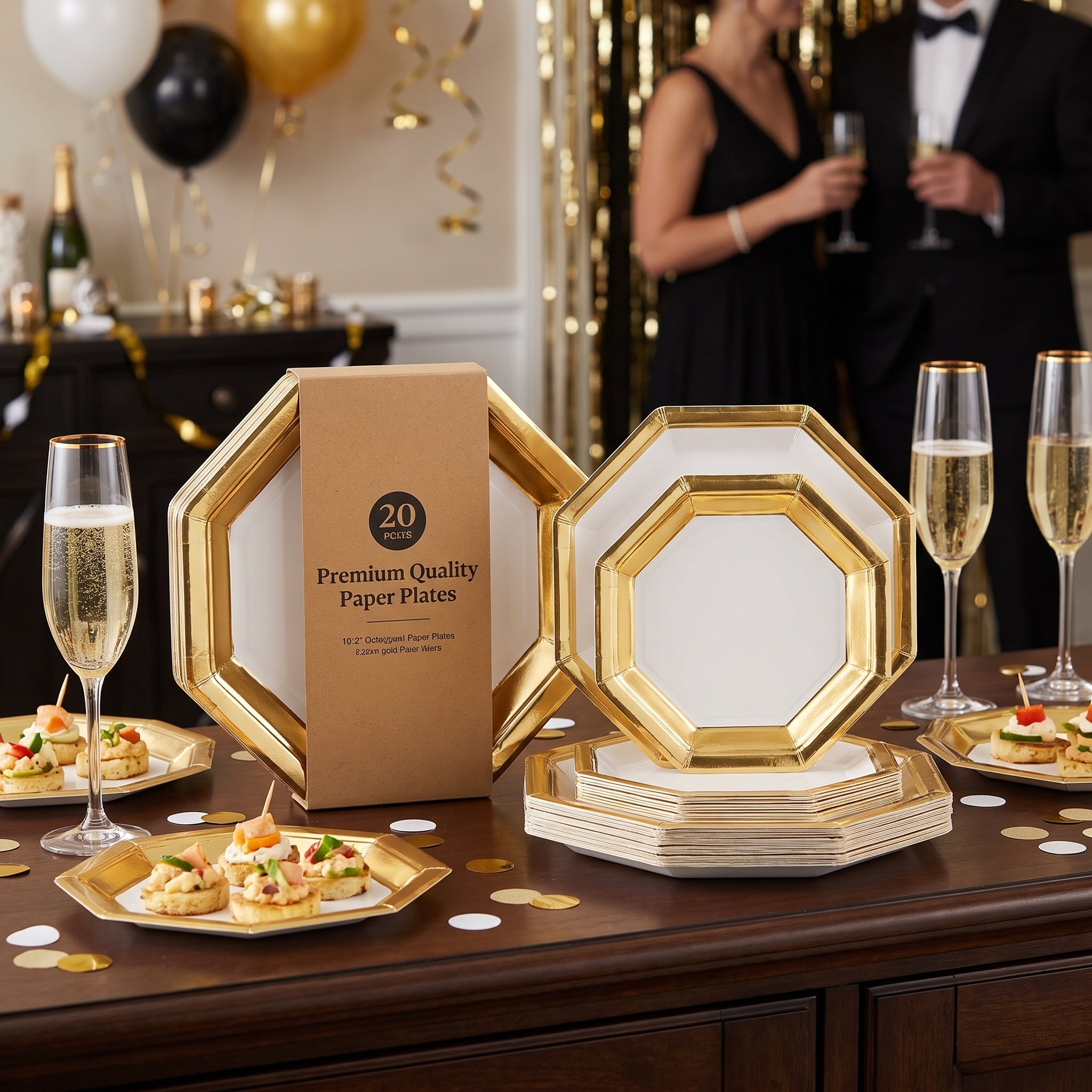 Gold Premium 10" Octagonal Paper Plates - 20 Pack