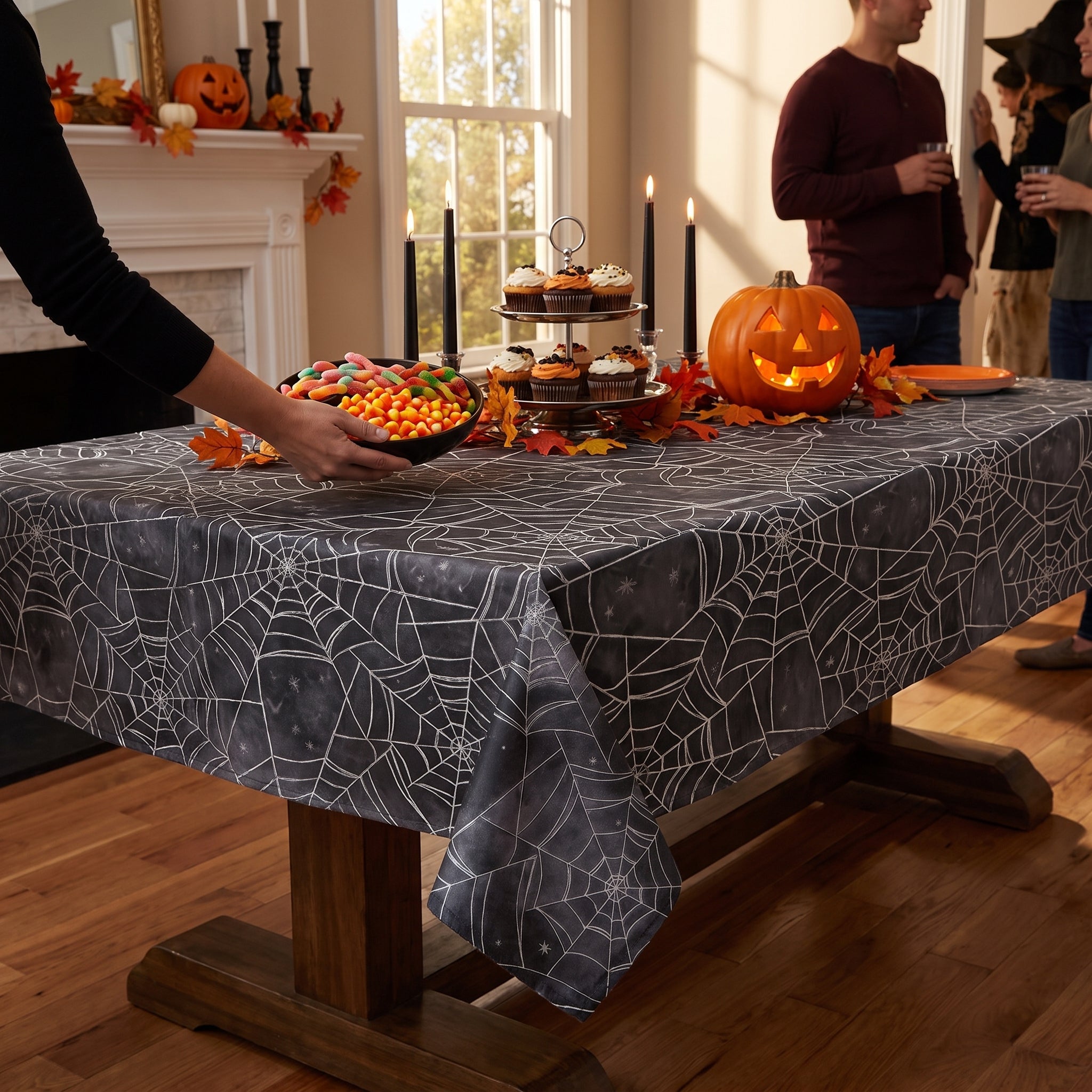 Spooky Spider Web Flannel-Backed Halloween Table Cover