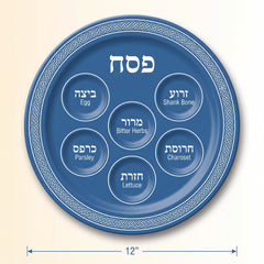 Blue Melamine Seder Passover Plate with Hebrew and English Labels