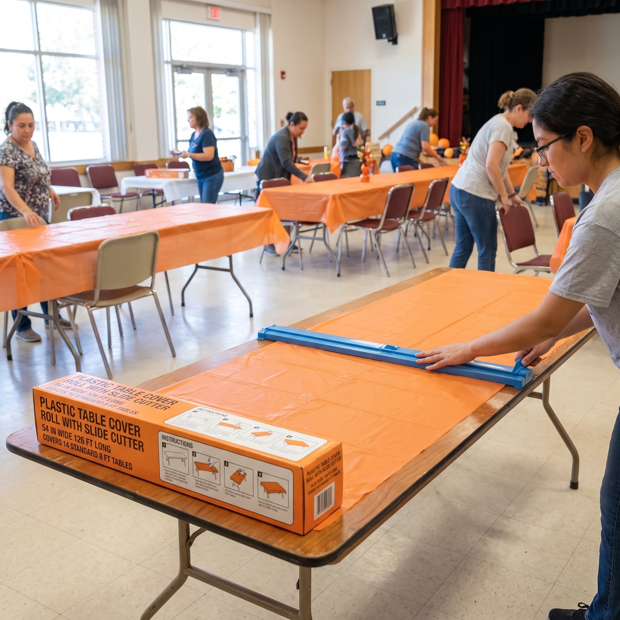 Orange Plastic Table Cover Roll with Slide Cutter - 54 in x 126 ft