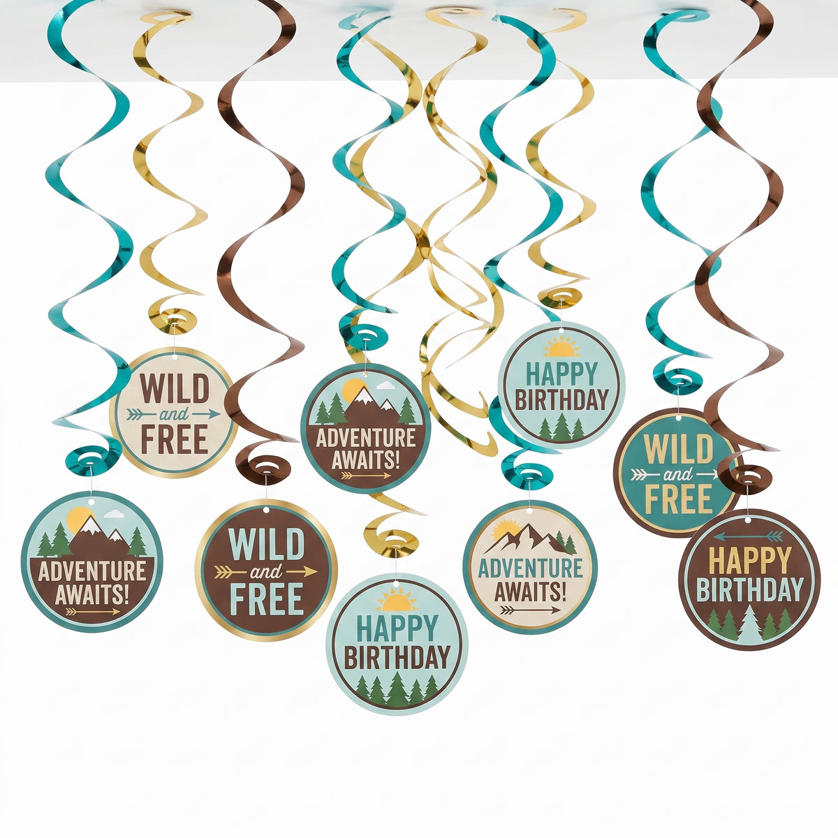 Wilderness Adventure Birthday Swirl Decorations - 12 Pack