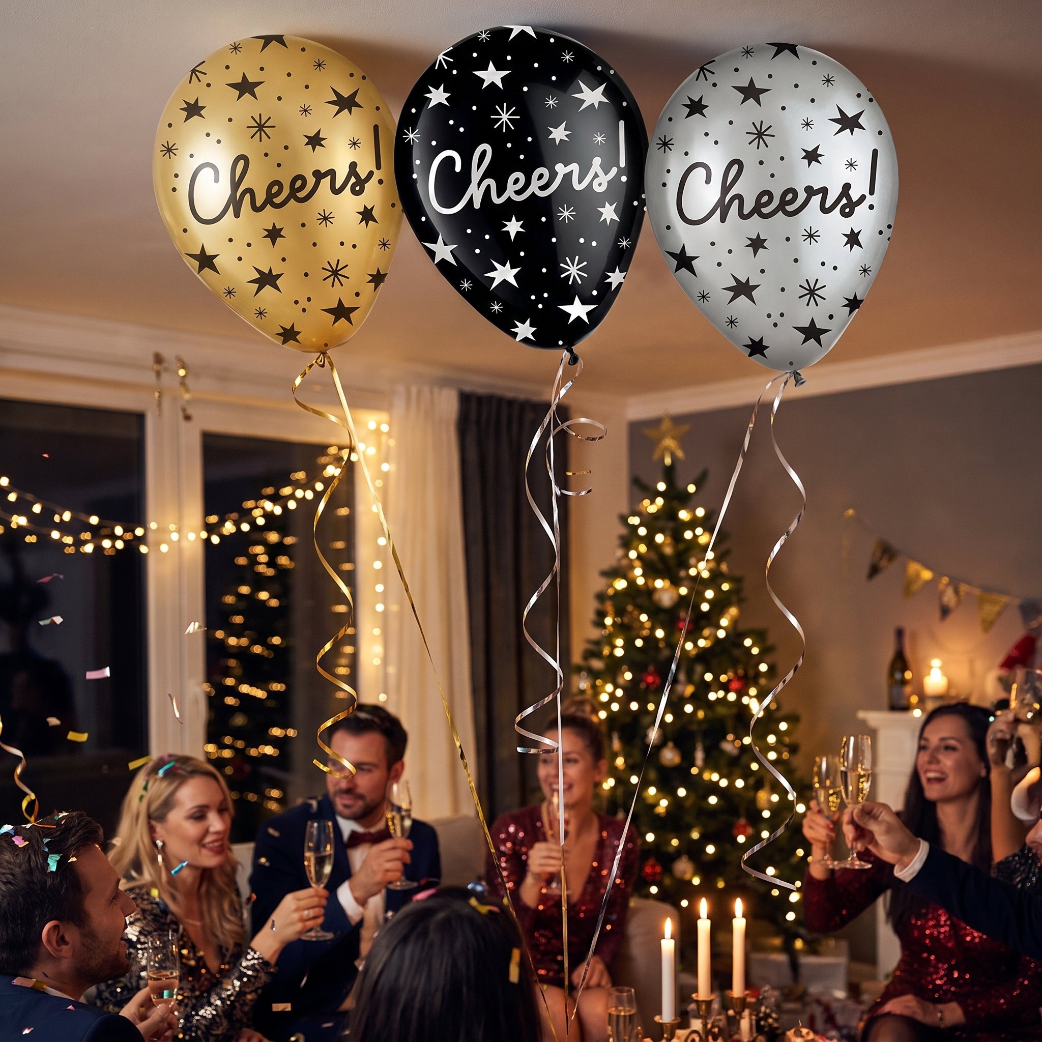 Cheers Star-Print Latex Balloons, Black/Gold/Silver, 11-Inch, 15-Pack