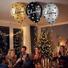 Cheers Star-Print Latex Balloons, Black/Gold/Silver, 11-Inch, 15-Pack