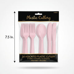 Elegant Pink Assorted Plastic Cutlery Set - 24 Pieces - 7.5 in.