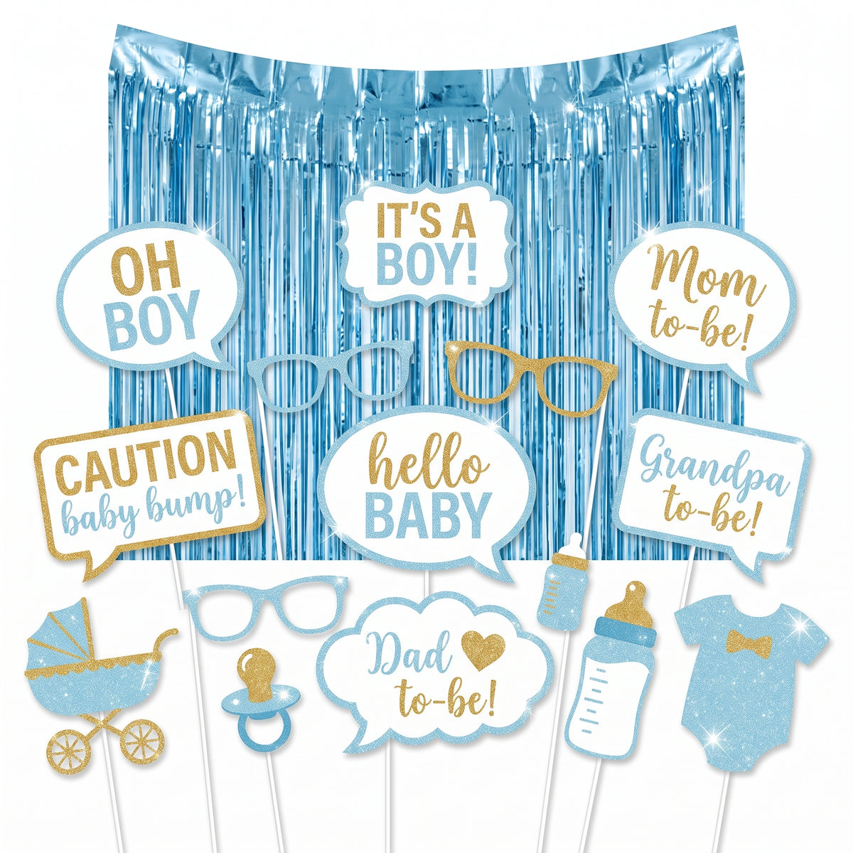 Glitter Baby Boy Shower Photo Booth Prop Kit with Blue Fringe Backdrop, 21-Piece Set