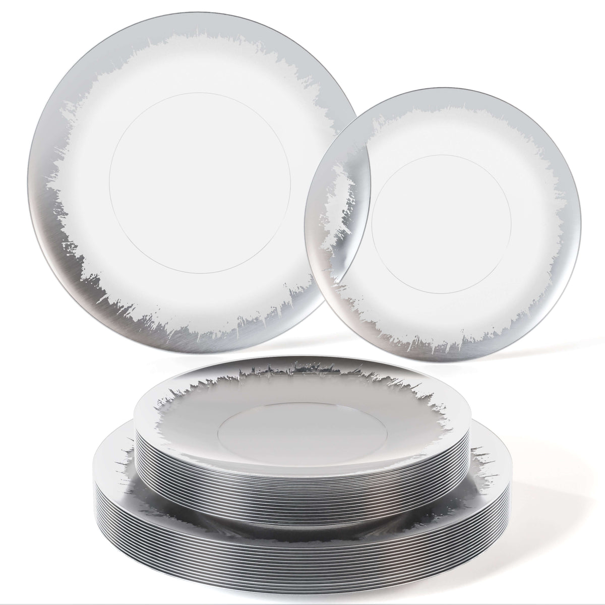 Trendables 60 Pack Combo Plastic Plates Set - 30-10.25 inch. Plastic Dinner Plates & 30-8 inch. Dessert Disposable Plates - Clear Plastic Plates For Parties With A Silver Scratched Design Rim