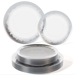 Trendables 60 Pack Combo Plastic Plates Set - 30-10.25 inch. Plastic Dinner Plates & 30-8 inch. Dessert Disposable Plates - Clear Plastic Plates For Parties With A Silver Scratched Design Rim
