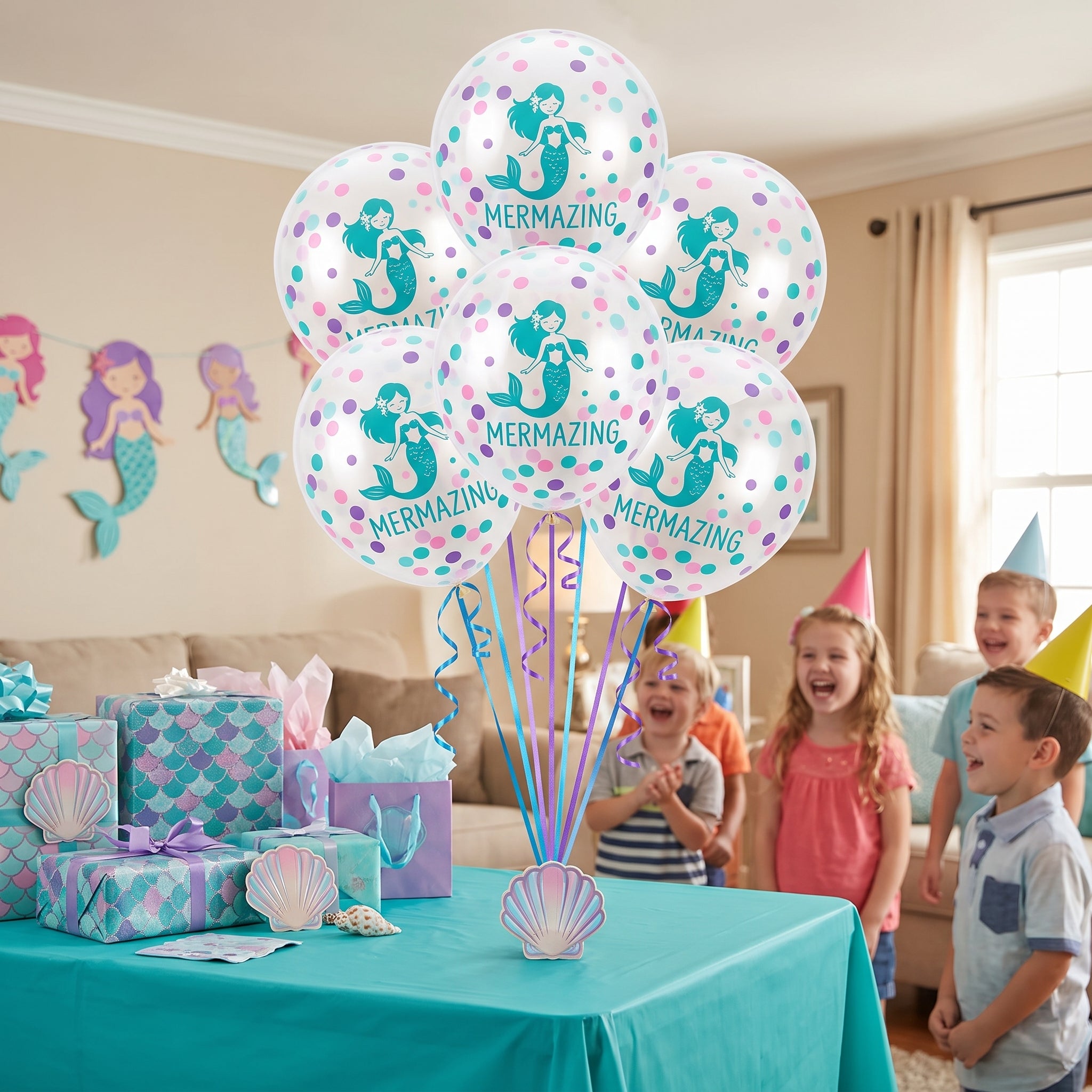 Shimmering Mermaid Confetti Latex Balloons, 12-Inch, 6-Pack