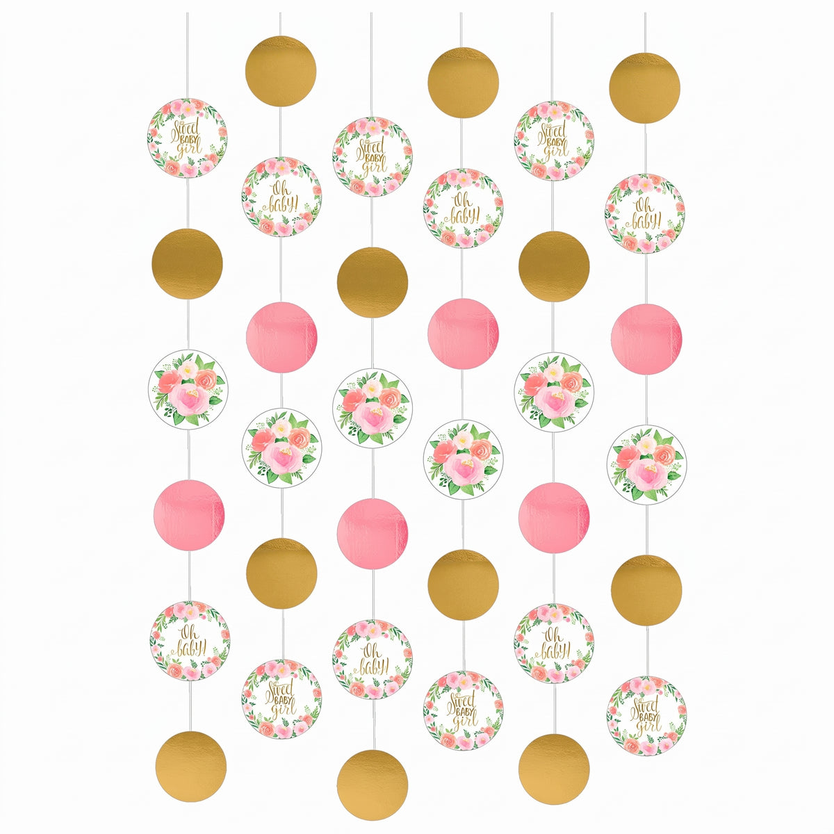 Floral Baby Shower String Decorations, Pink & Gold, 7-ft, 6-Pack