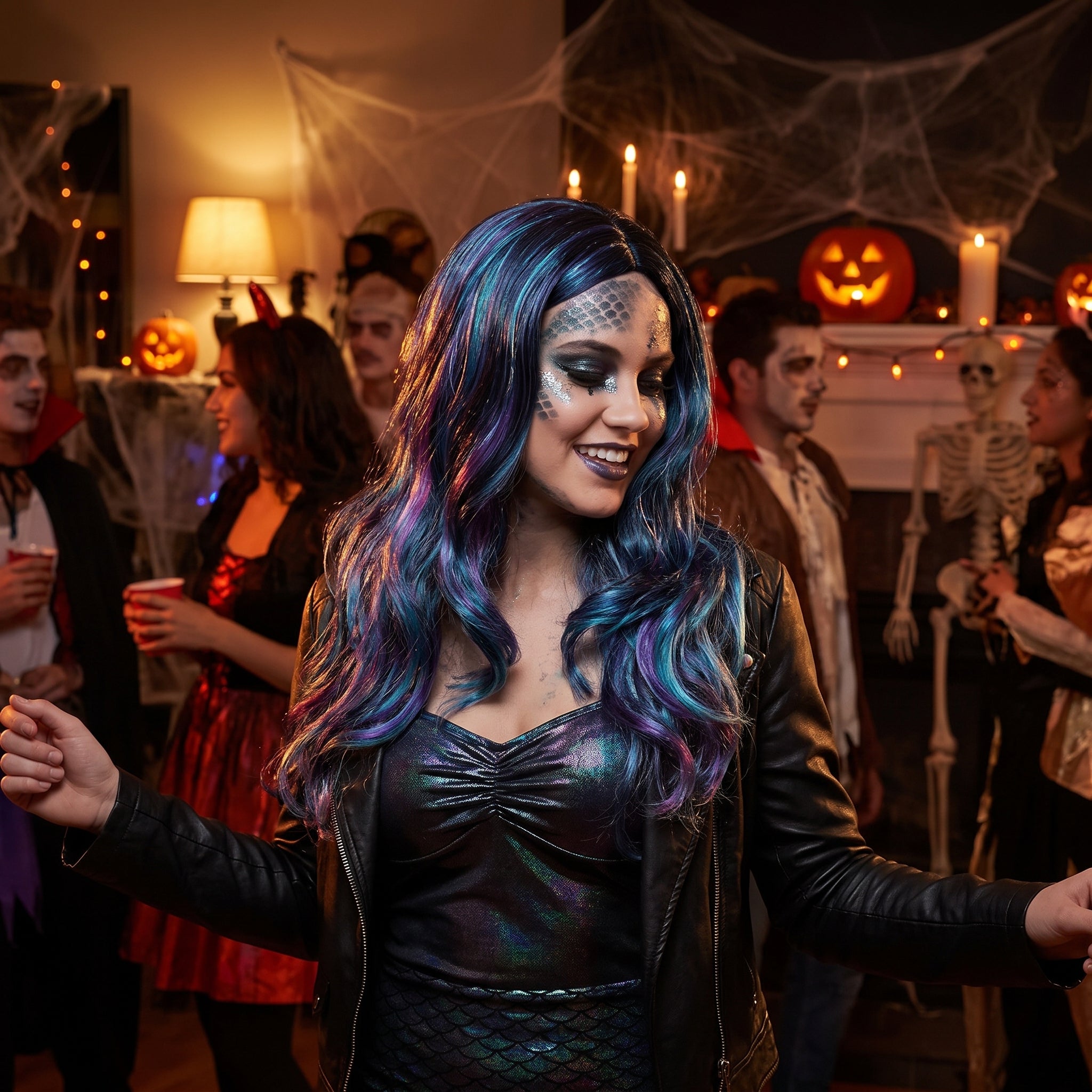 Halloween Oil Slick Wavy Wig - Blue, Purple & Turquoise