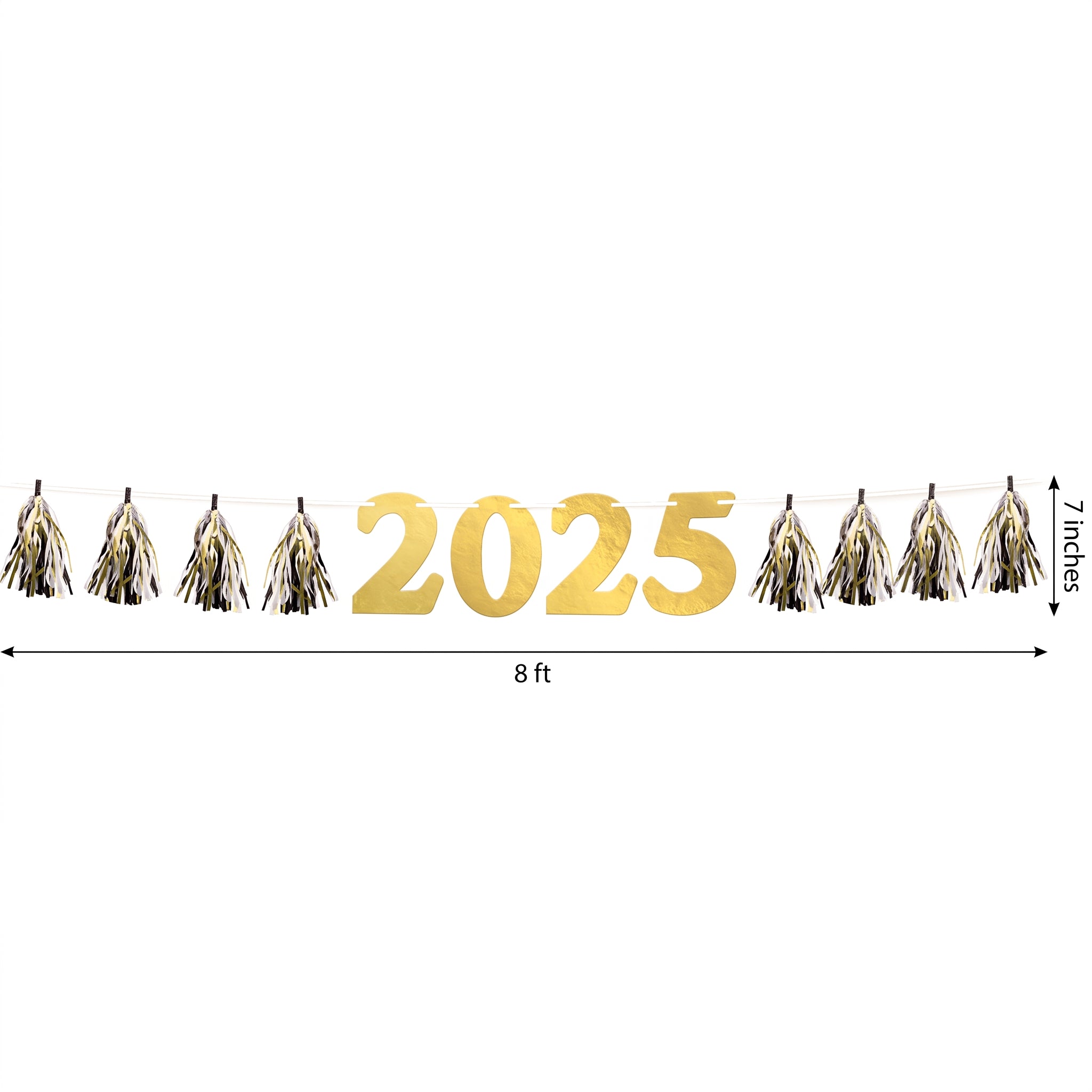 "2025" New Year's Tassel Garland Banner in Gold, Black, and Silver - 8 ft