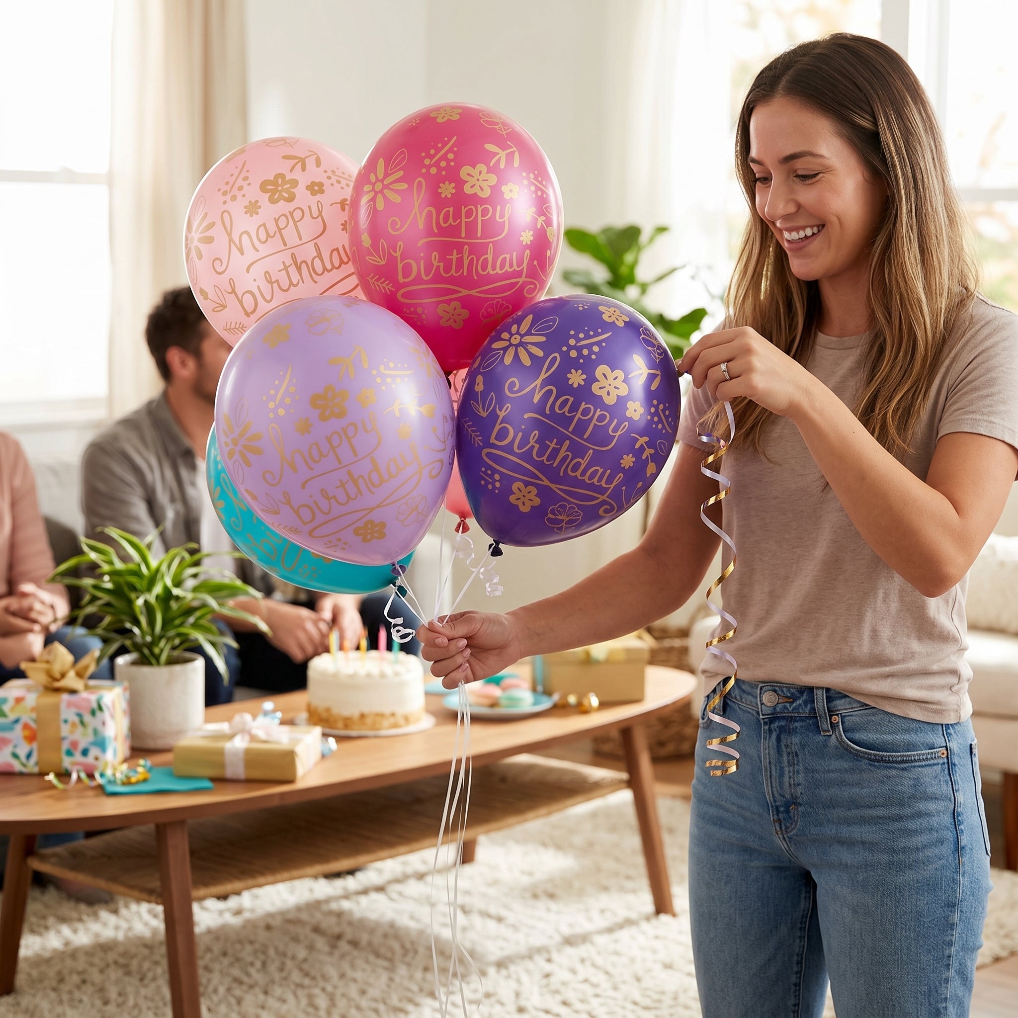 Happy Birthday Floral Latex Balloons - Gold Print Assorted Pink Purple Blue Teal 12-Inch 20-Pack for Elegant Birthday Party Decorations