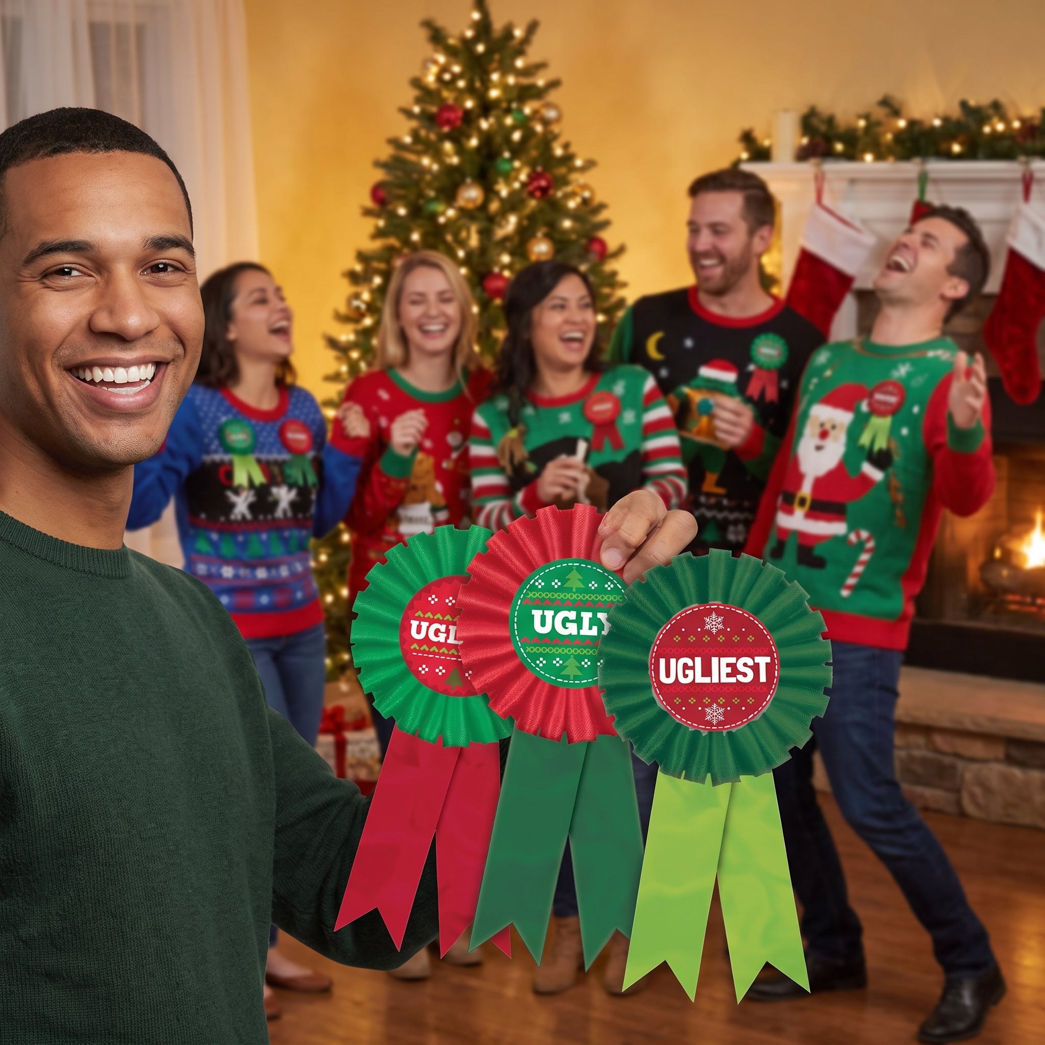Festive Ugly Sweater Contest Award Ribbons - 3 Pack