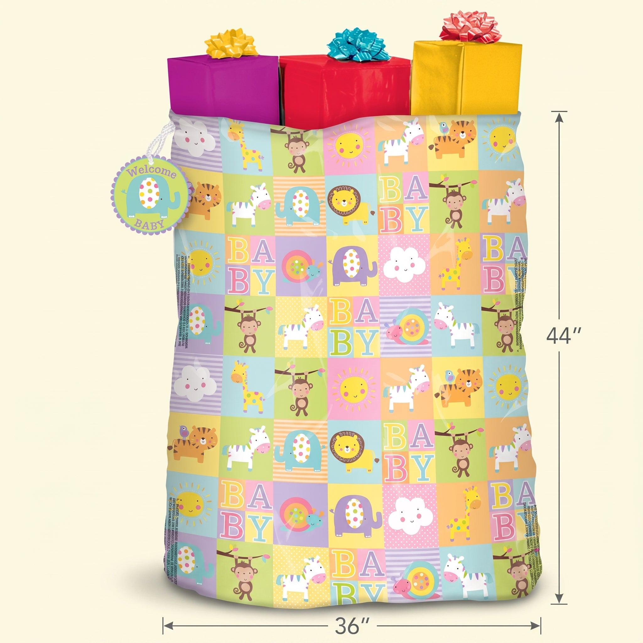 Adorable Animal Baby Shower Gift Sack with "Welcome Baby" Tag  44" x 36"