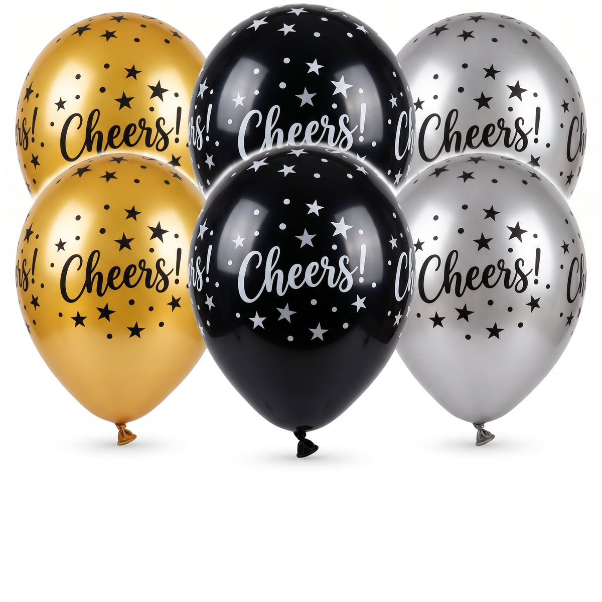 Cheers Star-Print Latex Balloons, Black/Gold/Silver, 11-Inch, 15-Pack