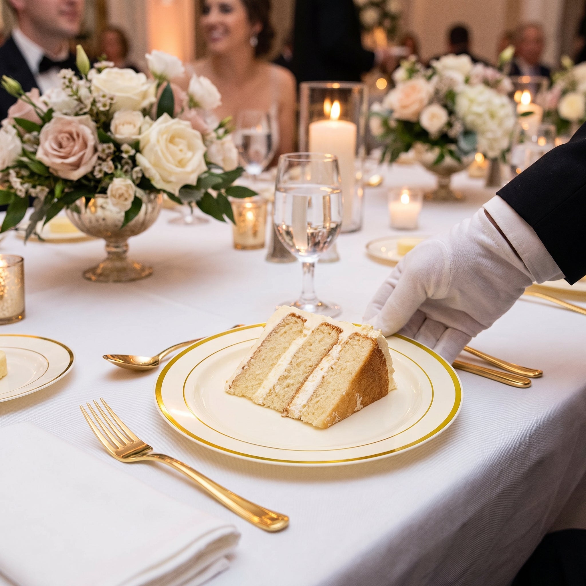 Elegant Gold Trimmed Cream Plastic Dessert Plates - 7.5", 20 Pack
