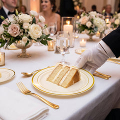 Elegant Gold Trimmed Cream Plastic Dessert Plates - 7.5", 20 Pack