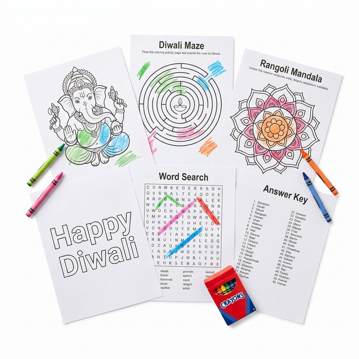 "Happy Diwali" Activity Sheets with Crayons - 11 Pages of Festive Fun
