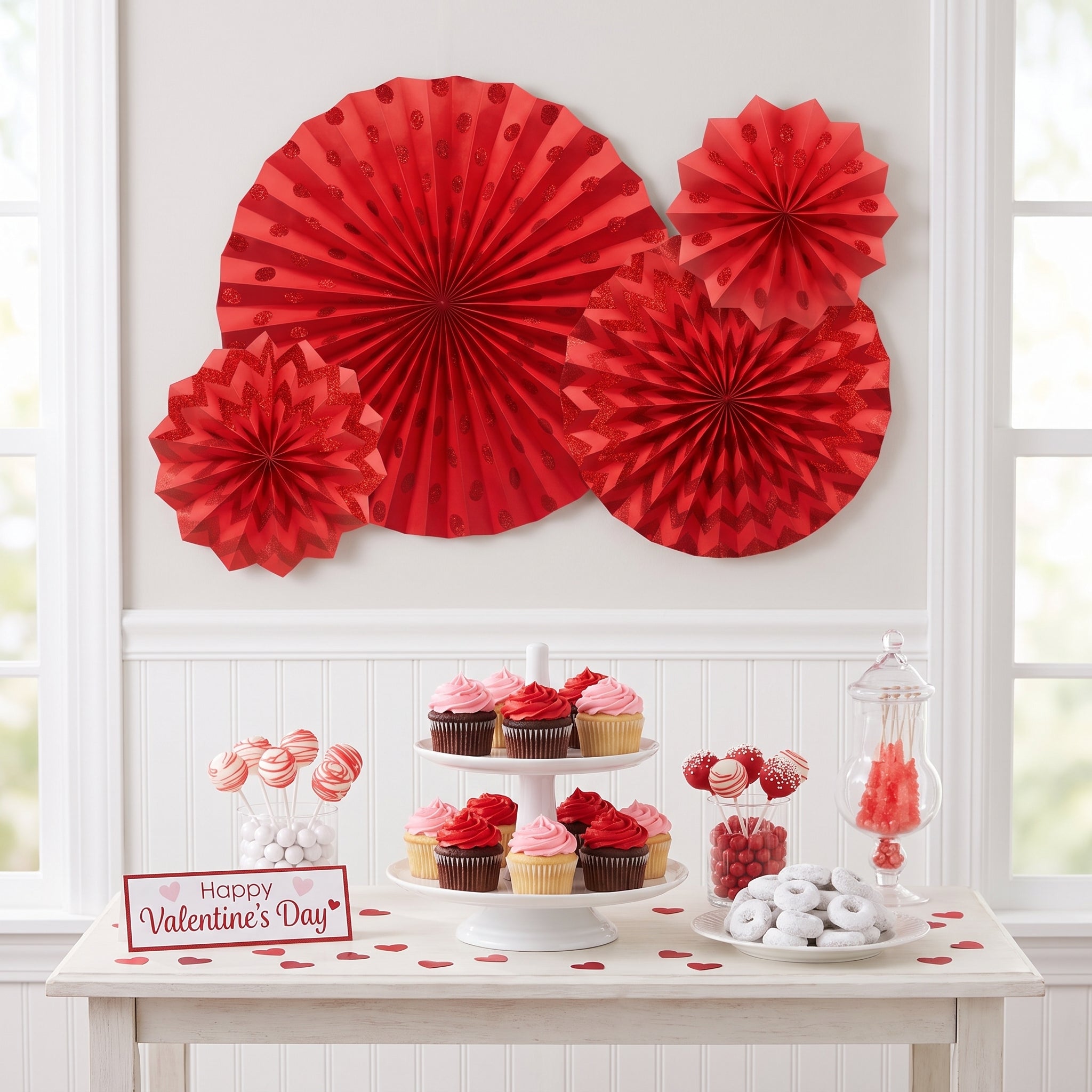 Red Glitter Paper Fan Decorations - Set of 4