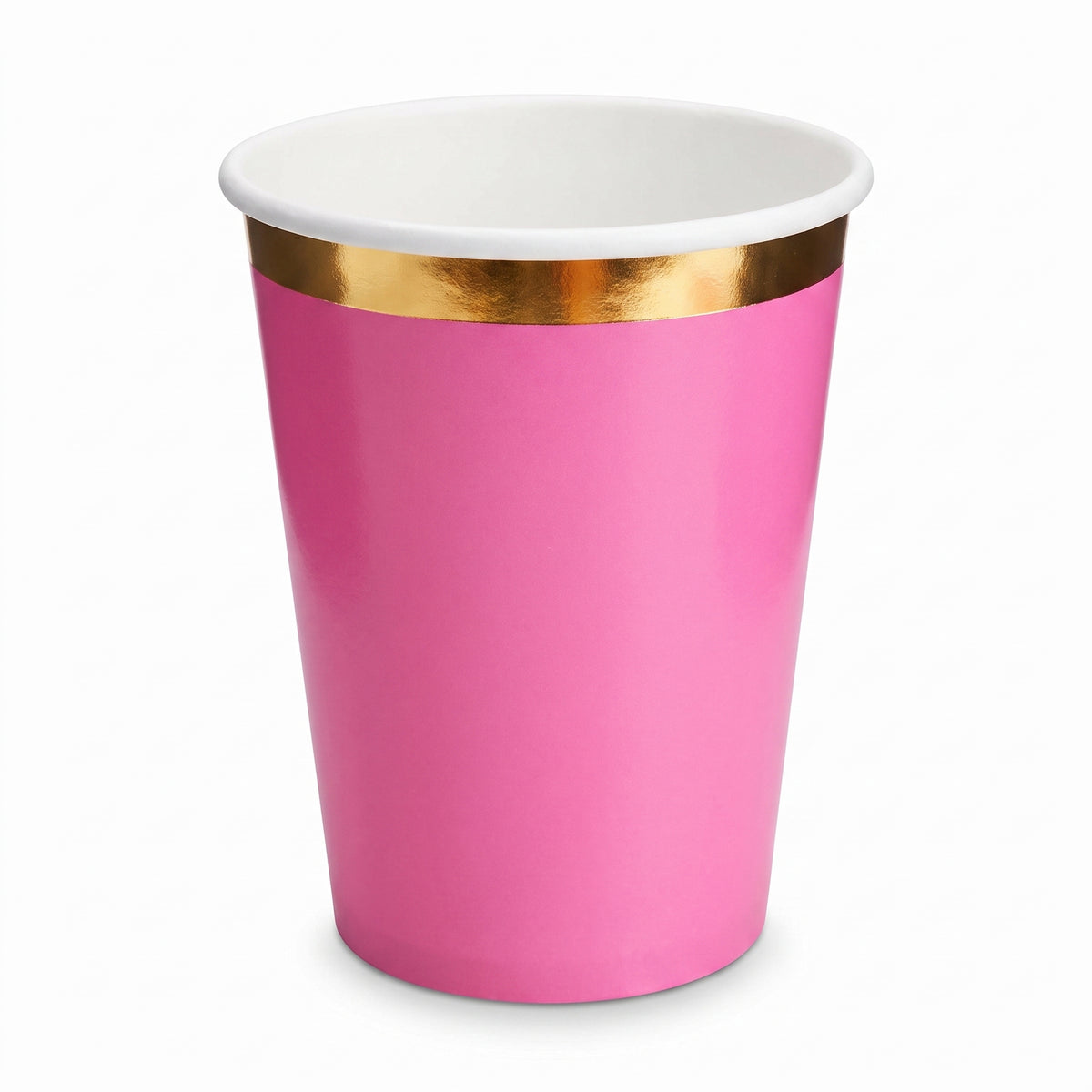 Bright Pink Paper Cups with Gold Trim - 12oz