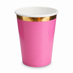Bright Pink Paper Cups with Gold Trim - 12oz