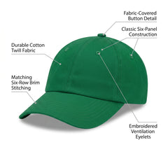 Green Baseball Cap - Plain Cotton Twill Blank Hat with Curved Brim, Unisex Classic 6-Panel Kelly Green Cap for Everyday Wear, Sports or Customization