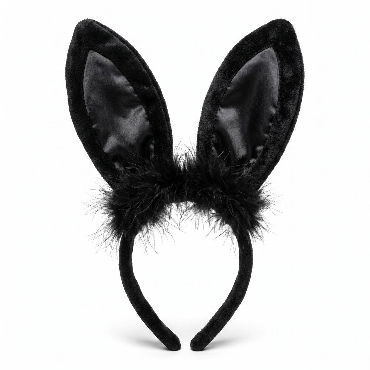 Black Marabou Bunny Ears Headband - Elegant Halloween Costume Accessory